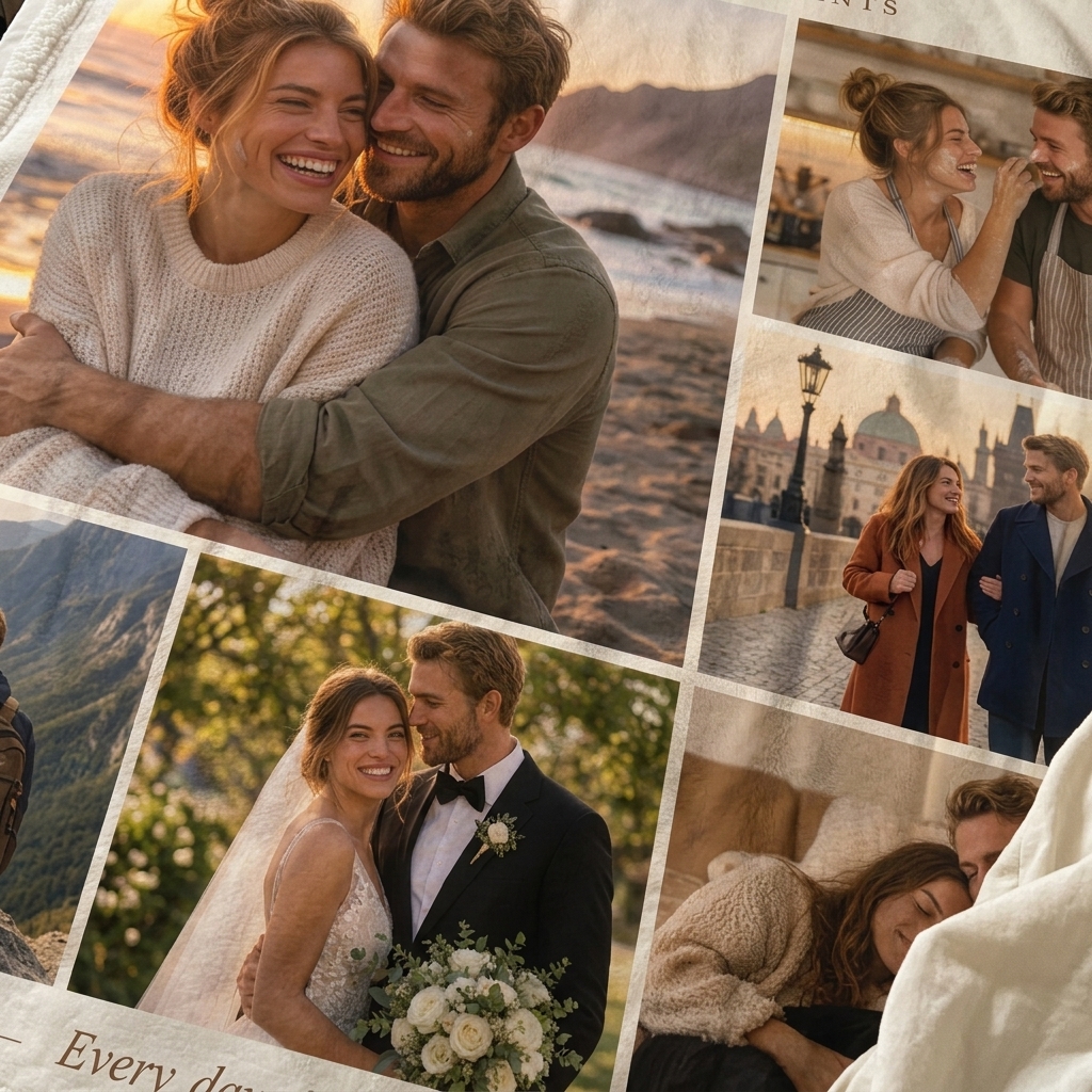 Close-up of a personalized photo collage blanket, showing the printed photos and soft woven texture