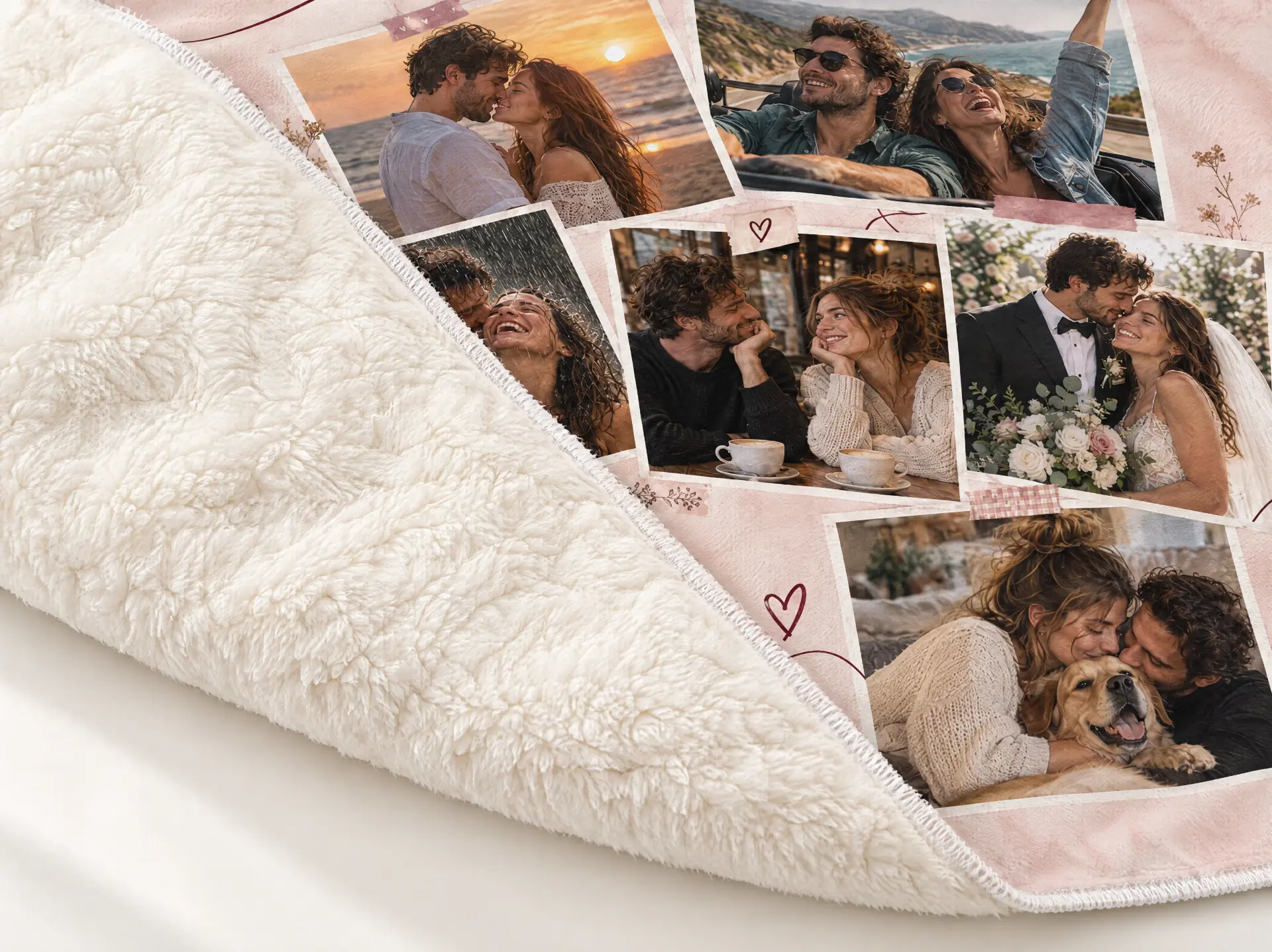 Blanket corner folded open, showing the soft Sherpa fleece backing next to the printed photo-collage front
